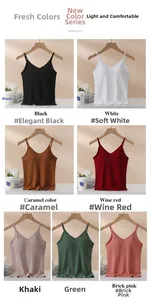 Detail view of V-neck camisoles in 7 trendy colors with built-in pads and slim straps