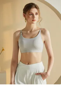 Close-up of light grey ribbed sports bra with thin straps and V-shaped back design