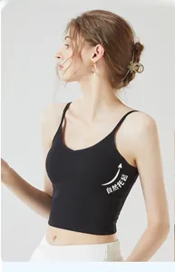 Detail of black ribbed camisole featuring built-in bra pads and slim fit spaghetti straps