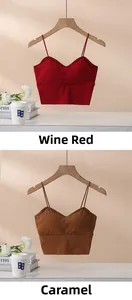 Close-up of seamless wine red and caramel crop tops with thin straps and built-in pads