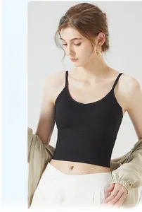 Detail of black ribbed knit camisole top with V-neck and slim fit shoulder straps