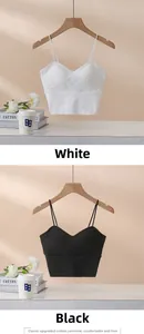 Detail of soft cotton camisole with thin straps and V-neckline in black and white