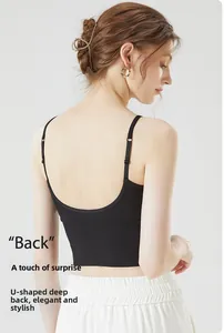 Close-up of black ribbed camisole featuring a U-shaped backless design and thin straps