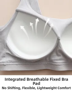 Detail of grey seamless bra featuring breathable fixed pads and airy mesh fabric texture