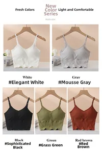Detail of ribbed camisole tops with built-in chest pads and elegant wavy hem finish