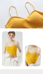 Detailed close-up of bright yellow V-neck camisole with breathable ribbed knit texture