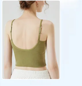 Detail of avocado green ribbed knit camisole with deep U-shaped open back and slim straps