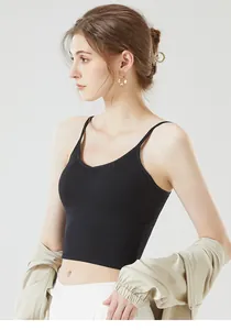 Detail of black ribbed knit camisole with thin straps and V-neckline under a jacket