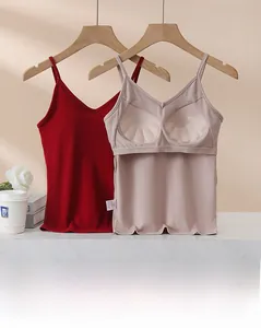 Detail of Modal camisole with built-in shell-textured chest pads in red and beige