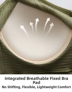 Detail view of military green camisole with breathable integrated padding and rib knit