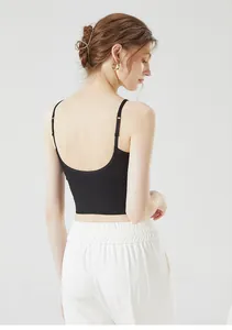 Rear view of black ribbed crop top with thin straps and deep U-shaped open back detail