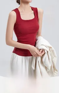 Detail of red ribbed tank top with square neck and built-in bra padding for women