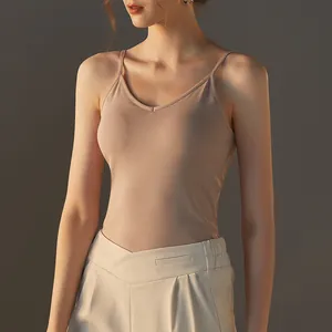 Women's V-Neck Modal Cotton Blend Camisole Slim Fit Sleeveless Tank Top With Built-in Chest Pads Spaghetti Strap Underwear Top