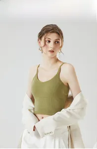 Close-up of avocado green ribbed knit camisole with V-neck and thin shoulder straps