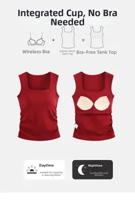 Detail of square neck tank top with built-in cups and ribbed fabric in dark red color