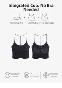 Detail of ribbed texture and integrated cup design on this black seamless bra top