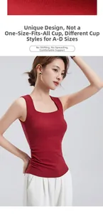 Detail of red slim fit square neck vest featuring built-in bra pads for A-D cups support
