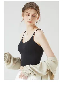 Detail of black ribbed tank top with thin straps and V-neck on a model with a beige jacket