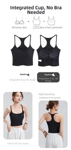 Detail view of the rib-knit texture and internal bra pad structure on the black racerback tank top
