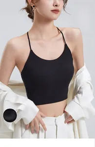 Detail of black ribbed camisole with fixed cups and wireless design under a white shirt