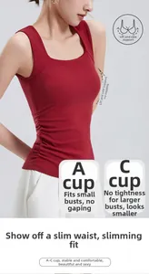 Detail of slim-fit red tank top with side ruching and wide straps for A-C cups