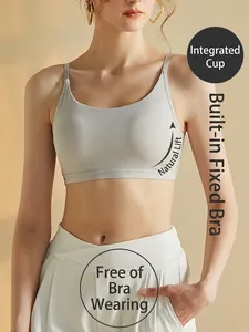 Seamless V-back cooling sports camisole with fixed cups in grey on model