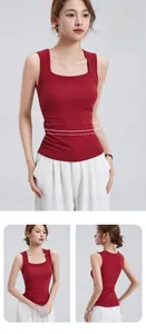 Detail of burgundy ribbed square neck tank top showing fabric texture and side ruching
