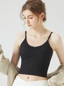 Sexy Backless Ribbed Camisole Women Integrated Chest Pads Slim Fit V-Neck Cotton Blend Adjustable Straps Short Crop Top