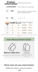 Detailed size chart for slim fit tank top with built-in bra pads and cotton fabric info