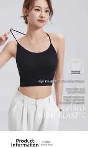 Close-up of black ribbed cropped camisole with thin straps and high-elasticity fabric