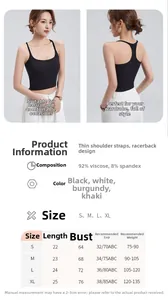 Detailed size chart for racerback tank top with fabric specs and measurements