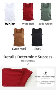Detail view of square neck ribbed tank tops with wide straps in five colors