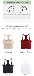 Size guide for ribbed U-neck racerback sports tank tops in khaki, red, black, and white