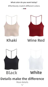 Detail of ribbed knit crop tops in khaki, burgundy, black, and white colors