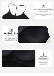 Detail view of elastic shoulder straps and built-in bra padding on black camisole