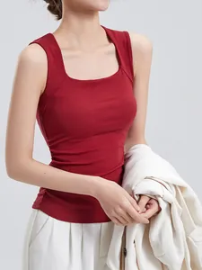 Women Square Neck Tank Top Built-in Bra Wide Strap Side Ruched Slim Ribbed Cotton Blend Camisole Sexy Casual Summer Top
