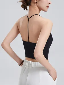 Women's Ribbed Slim Fit Camisole Tank Top With Built-in Bra Sexy Y-Back Backless Cropped Top Breathable Viscose Vest Top