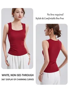 Slim fit red square neck tank top with built-in bra and side ruching for women