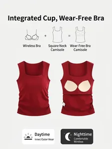 Red square neck ribbed tank top for women with built-in wireless padded bra cups
