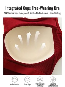 Deep red ribbed tank top with built-in 3D honeycomb breathable pads and wireless design