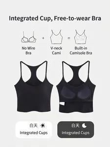 Black ribbed racerback tank top with built-in padded bra for seamless women's style