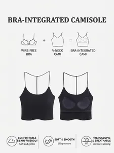 Ribbed knit black camisole with built-in bra cups and slim straps for summer wear