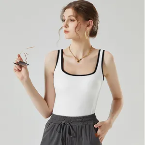 Débardeur Femme Tricot à Côtes Couleur Contrastée Soutien-Gorge Intégré Col Carré Dos Nu Mélange de Coton Coupe Slim Camisole