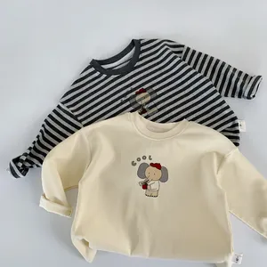 Boys' long-sleeve cotton T-shirt featuring cartoon elephant graphics in white and striped grey