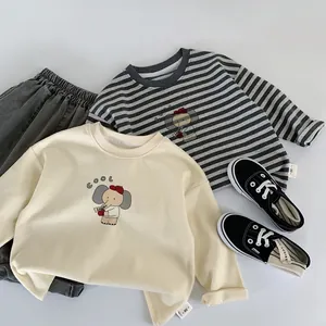 Kids Cotton Blend Long Sleeve T-Shirt Casual Cartoon Elephant Print Pullover Top For Boys And Girls Spring Autumn Wear