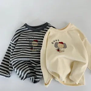 Boys long sleeve t-shirt set with cute elephant print in striped and beige colors