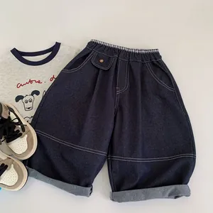 Pantalon en jean large pour garçon avec taille élastique à carreaux et poches cargo