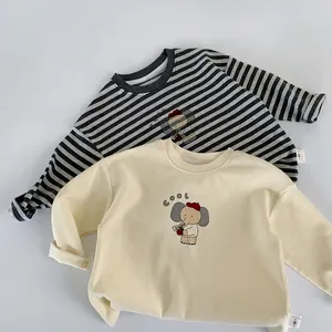 Boys' long-sleeved cotton shirts with cartoon elephant prints in stripe and off-white styles