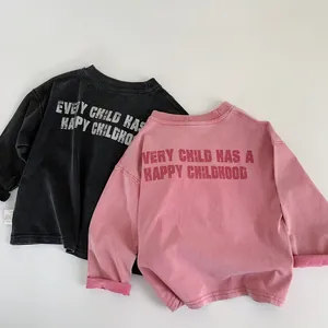 T-shirt bimbi manica lunga in cotone antracite e rosa con stampa Happy Childhood