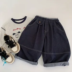 Jeans en Denim Large pour Garçons Style Coréen Pantalon Long Décontracté Taille Élastique Surpiqûres Contrastées Enfants